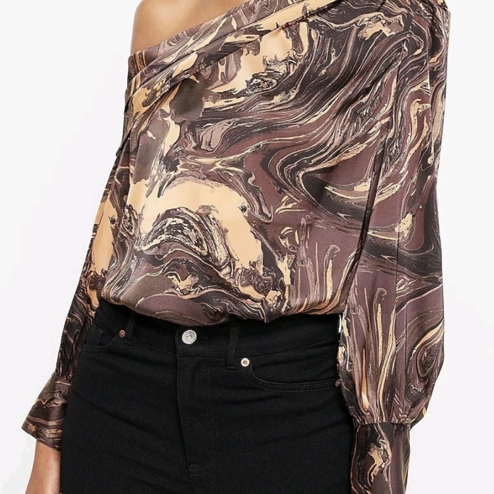 Express Satin Marble Print One Shoulder Long Sleeve Top - Picture 1 of 7